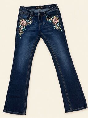 Grace Dark Blue Embroidered Wide-Leg Jeans with Floral Accents